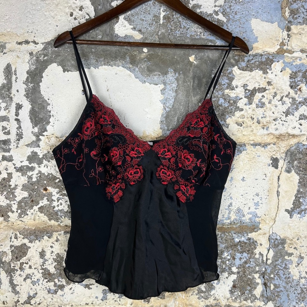 Je T'adore Camisole Black Red Whimsigoth Floral Lace Mesh Satin Top Large